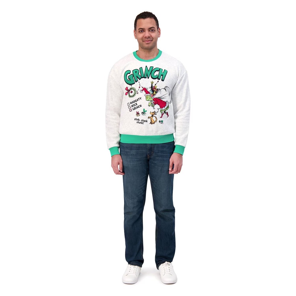 Dr. Seuss The Grinch Adult Holiday Sweatshirt Gray Green XL NWT